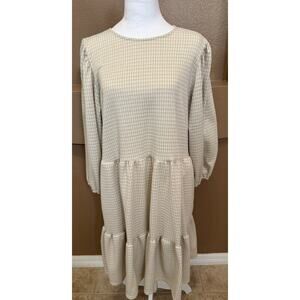 Draper James RSVP Dress Puffed Sleeve Tiered Metallic Gold Beige Houndstooth XL